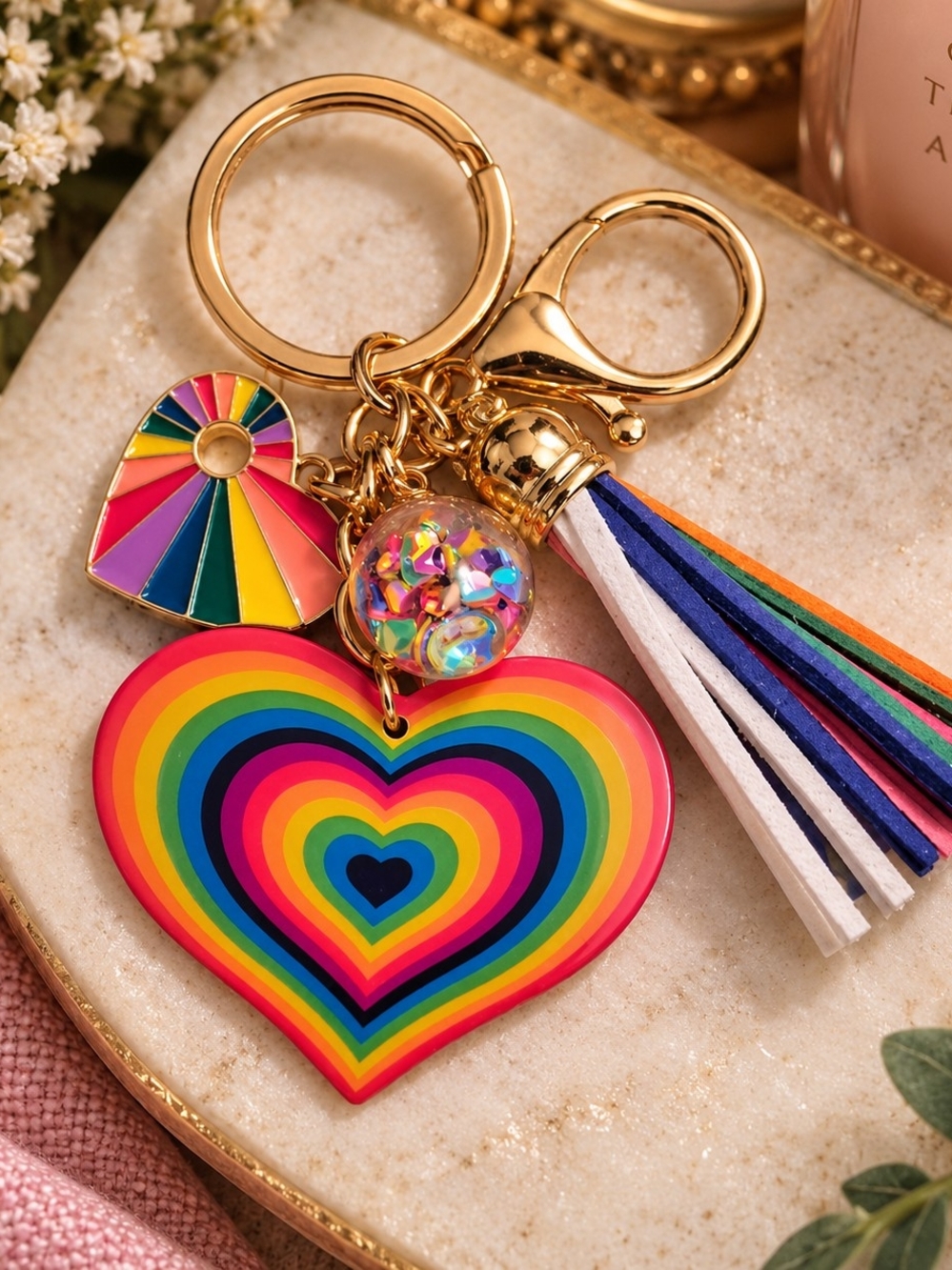 Rainbow Heart Bag Charm / Keychain – Gold Tone Metal & Acrylic New